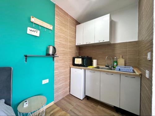 a kitchen with white cabinets and a blue wall at JG Studio apartment in Vranjina