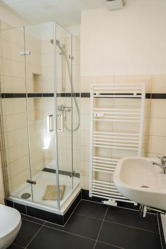 a bathroom with a shower and a sink and a toilet at DP Homes in Lübeck