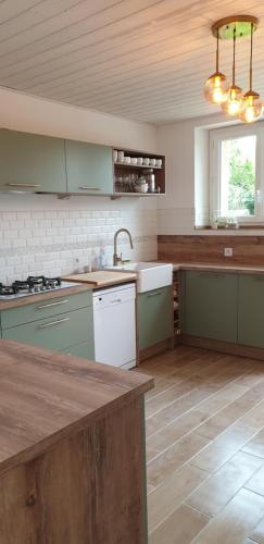 une grande cuisine avec des placards verts et un évier dans l'établissement Les Darons du Mont-Saint-Michel 14 people, à Pontorson