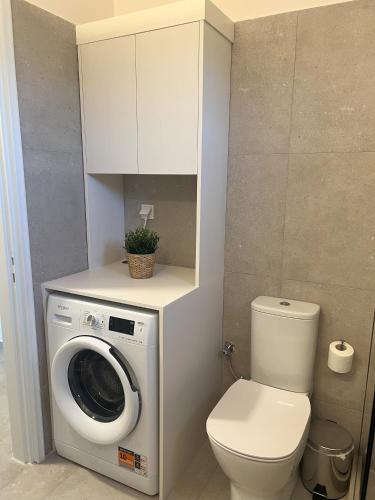 a bathroom with a washing machine and a toilet at Villa Eleni Aegina in Egina