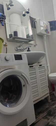 a washing machine and a sink in a bathroom at Apartman Kalina in Igalo