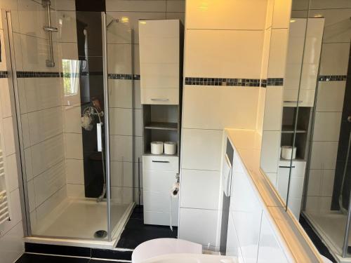 a bathroom with a shower and a toilet at Ferien - Wohnung In Kassel Waldau Zentral in Kassel