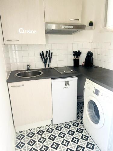 une cuisine avec un évier et une machine à laver dans l'établissement Nid cosy centre-ville parking inclus, à Toulouse