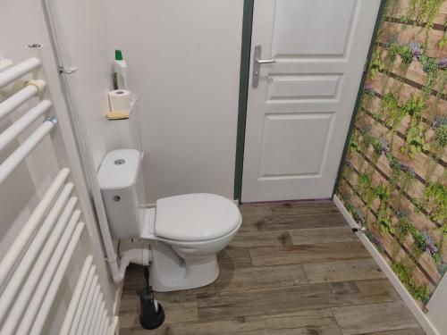 La salle de bains est pourvue de toilettes et d'une porte. dans l'établissement Les petits gites Ernée, à Ernée