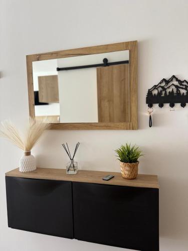 a mirror on top of a black dresser in a room at Cocon Des Bois - Gex Genève Mijoux in Mijoux