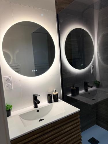 a bathroom with two round mirrors above a sink at Cocon Des Bois - Gex Genève Mijoux in Mijoux