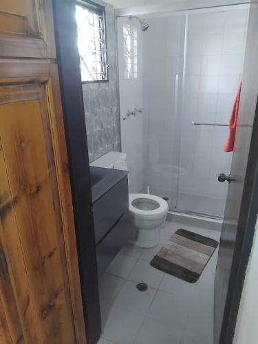 a white bathroom with a toilet and a shower at Town House El Retiro in Porlamar
