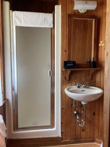 a bathroom with a sink and a glass shower door at Auberge Les Sources in La Malbaie