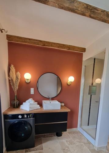 une salle de bain avec un lavabo et un miroir sur un mur dans l'établissement Chez Gigi, Maisonnette tout confort avec terasse, à Beuvry