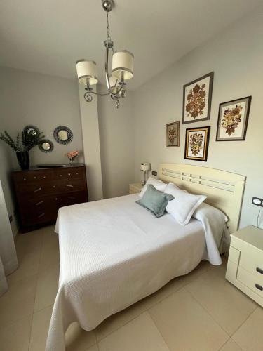 a bedroom with a large white bed with two pillows at APARTAMENTOS TURISTICOS LAS CINCO JOYAS in Linares