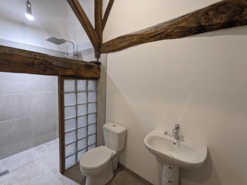 une salle de bain avec toilettes et lavabo dans l'établissement Poitevins, à Saint-Astier