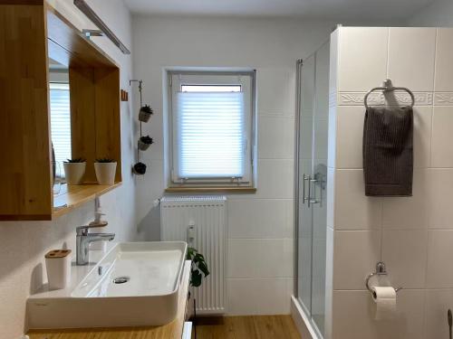 a white bathroom with a sink and a shower at Zwischen Mosel und Weinbergen in Mehring