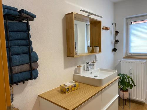 a bathroom with a sink and a mirror and towels at Zwischen Mosel und Weinbergen in Mehring