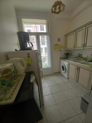 une cuisine avec un évier et une machine à laver dans l'établissement le continental, à Lamalou-les-Bains