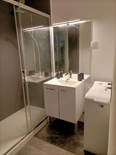 une salle de bain blanche avec une douche et un lavabo dans l'établissement Appartement ARCACHON, à Arcachon