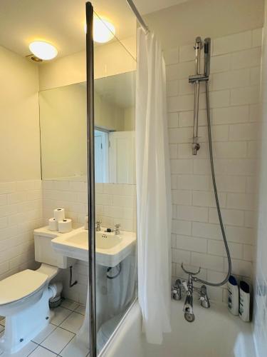 a bathroom with a shower and a sink and a toilet at Harrington Suites in London