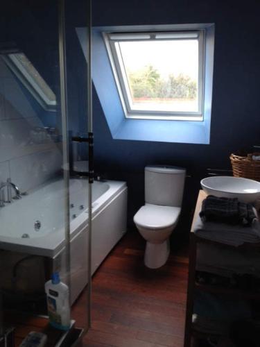 une salle de bain avec toilettes, lavabo et fenêtre dans l'établissement Maison côté ouest, à Groix