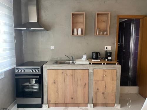 a kitchen with a sink and a stove at The Secret Studio - OAKA Stadium & nearby hospitals in Athens