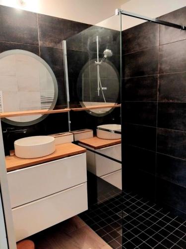 une salle de bain avec un lavabo et un miroir dans l'établissement Votre joli studio cosy à Meriadec, à Pluneret