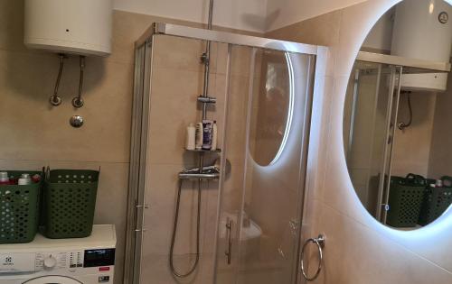 a bathroom with a shower with a glass door at Waterfall House Getaway in Trilj