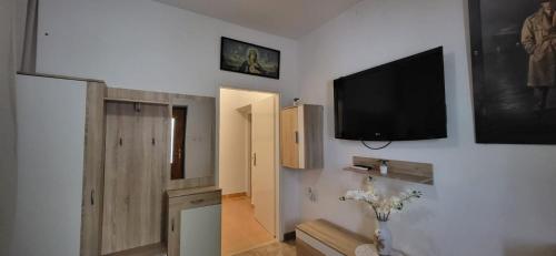 a living room with a flat screen tv on the wall at Villa Irina in Poličnik
