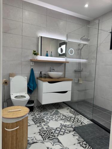a bathroom with a toilet and a sink and a shower at Beautiful Modern Townhouse with Parking Included in Machico