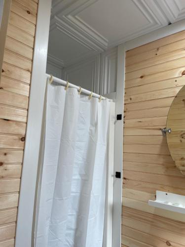 a bathroom with a white shower curtain and a mirror at Greenside Motel in Saint Andrews