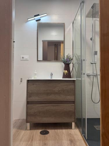 a bathroom with a sink and a mirror at Dúplex Horta de Carlota in O Grove
