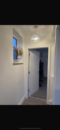 a hallway with a door and a window and a potted plant at Home in Leeds in Beeston
