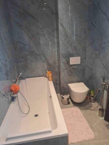 une salle de bain avec baignoire et toilettes dans l'établissement Villa Piscine-Jacuzzi, à Villeneuve-Loubet