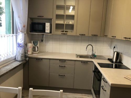 a small kitchen with a sink and a microwave at Apartament JANA PAWŁA in Włodawa