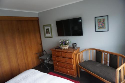a bedroom with a bed and a dresser with a television at Departamento La Palmera in Viña del Mar