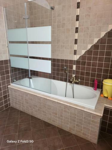 a bath tub in a bathroom with brown tiles at b&b ALLE AGAVI in Mereto di Capítolo