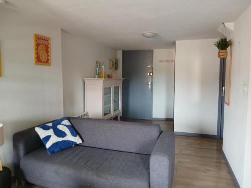 - un salon avec un canapé gris dans l'établissement Joli appartement en centre ville et au calme, à Agen