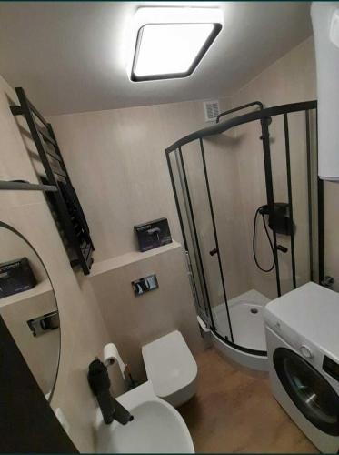 a bathroom with a shower and a toilet and a sink at Mikrokawalerka w ścisłym centrum in Legnica