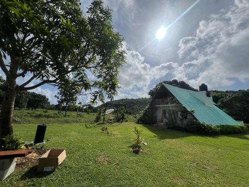 a barn with a green roof in a field at Dreamvilles Ecovillage Las Galeras in Las Galeras