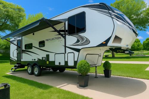 an rv is parked on a stand in a park at The Reflection-Walk to Oaklawn & Bathhouses in Downtown Hot Springs in Hot Springs
