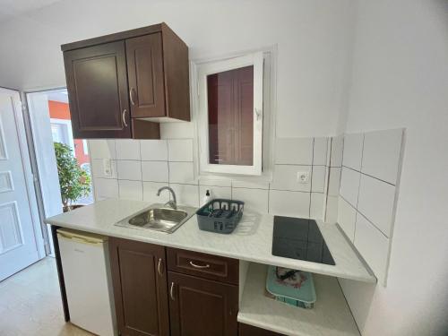 a small kitchen with a sink and a counter top at Kathrin apartments in Ipsos