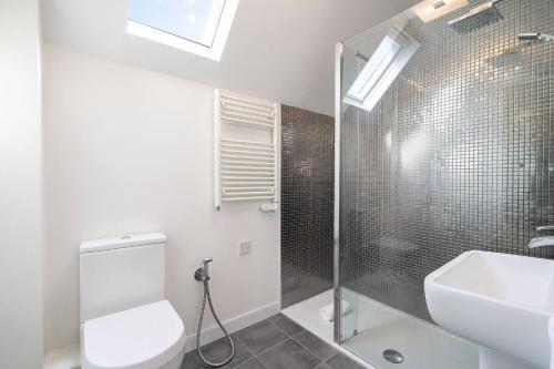 a bathroom with a shower and a toilet and a sink at At The Bay in St. Andrews