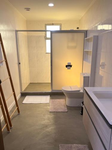 a bathroom with a shower and a toilet and a sink at Villa do Monte Sunset in Porto Moniz