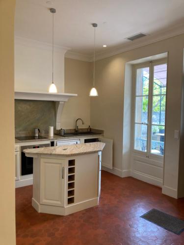 - une cuisine avec un îlot blanc dans une chambre dans l'établissement La Suite Gregoire, à Apt