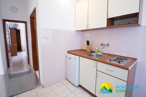 a kitchen with a sink and a counter at Apartments Becici in Budva