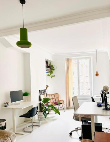 un salon avec des murs blancs et un plafond vert dans l'établissement Design & cool appartement, à Paris