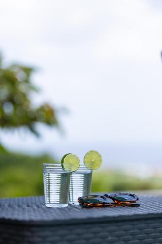 a group of glasses and glasses with lime slices at Appartement des 5 Trésors - piscine et vue panoramique in Case-Pilote