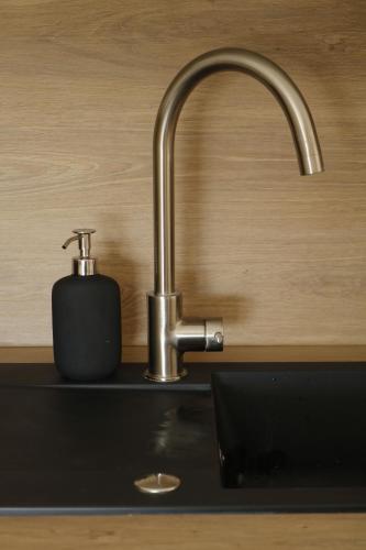 a sink with a soap dispenser next to a faucet at LES MAISONS DE GIROUDET 3 chambres jardin terrasse in Écrosnes