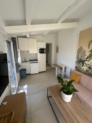 un salon avec un canapé et une table dans l'établissement Maison 8 T2 Jacuzzi et Jardin, à Marseille