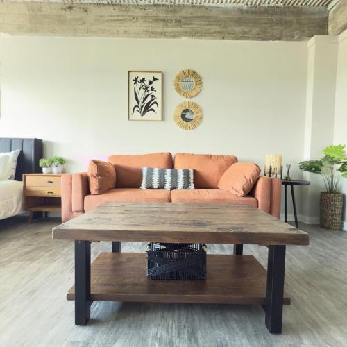 a living room with a couch and a coffee table at Scenic Serenity, dtown, gym, free parking in Mobile