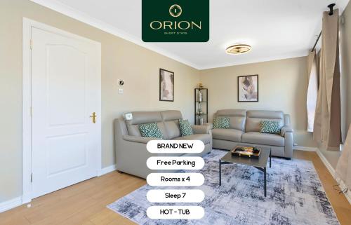a living room with a couch and a table at LUXE Townhouse - LONGER STAYS and REDUCED PRICES Only by Visiting ORION SHORT STAYS, 4 Rooms, Fully Equipped, HOT-TUB, Games Room, EV Power Point, Centrally Located, Newly Renovated and ONLY 5 Mins to STANNERGATE Ports in Dundee