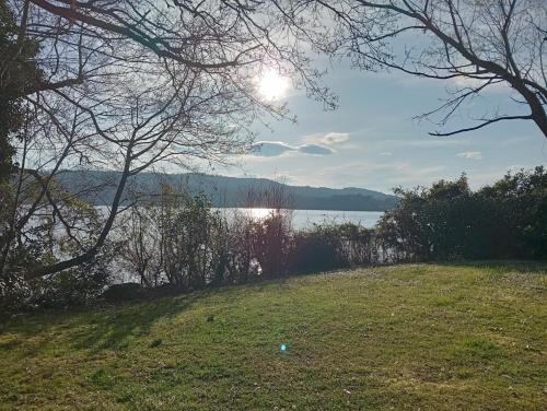 a view of a body of water with trees and a field at Vi & Vi relax by the lake in Montorfano