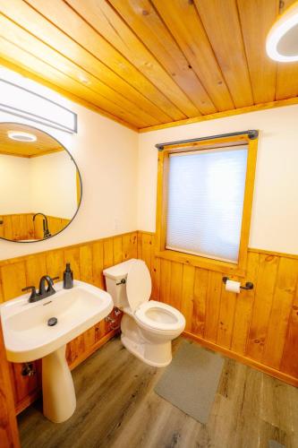 a bathroom with a sink and a toilet and a mirror at Oscawana Lake Escape in Putnam Valley